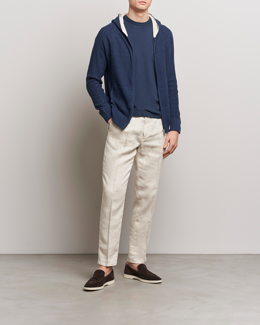 Mies | Puserot | Gran Sasso | Linen/Cotton Knitted Hooded Full Zip Navy