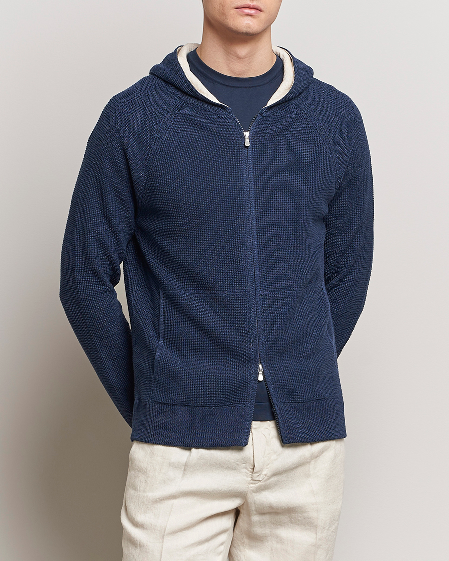 Mies | Puserot | Gran Sasso | Linen/Cotton Knitted Hooded Full Zip Navy