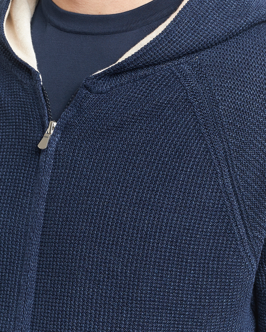 Mies | Puserot | Gran Sasso | Linen/Cotton Knitted Hooded Full Zip Navy