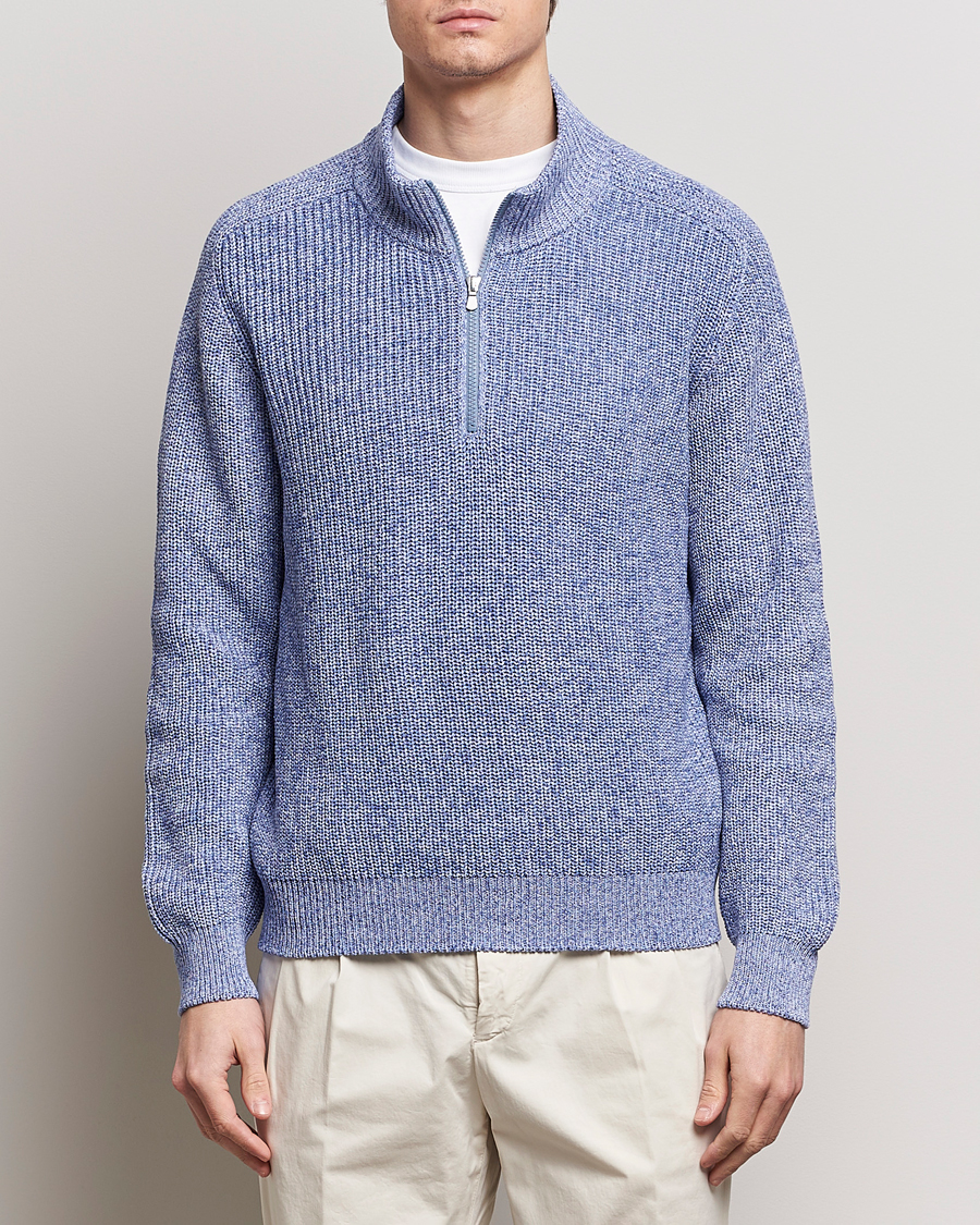 Mies |  | Gran Sasso | Cotton Heavy Knitted Half Zip Blue Melange