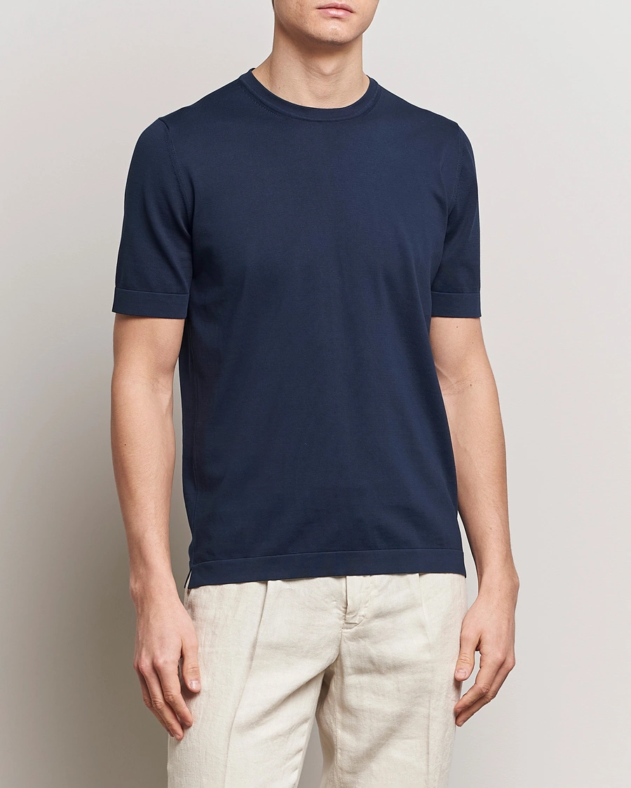 Mies | Italian Department | Gran Sasso | Cotton Knitted Crew Neck T-Shirt Navy