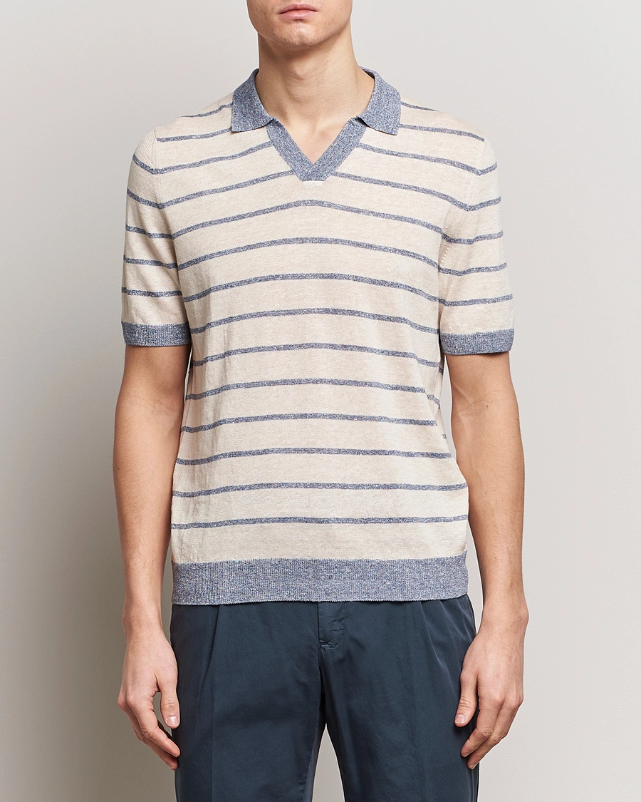 Mies | Italian Department | Gran Sasso | Linen/Cotton Knitted Striped Open Collar Polo Cream/Blue