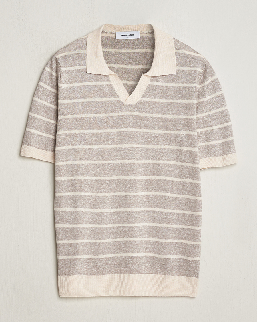 Mies | Pikeet | Gran Sasso | Linen/Cotton Knitted Striped Open Collar Polo Beige/Cream