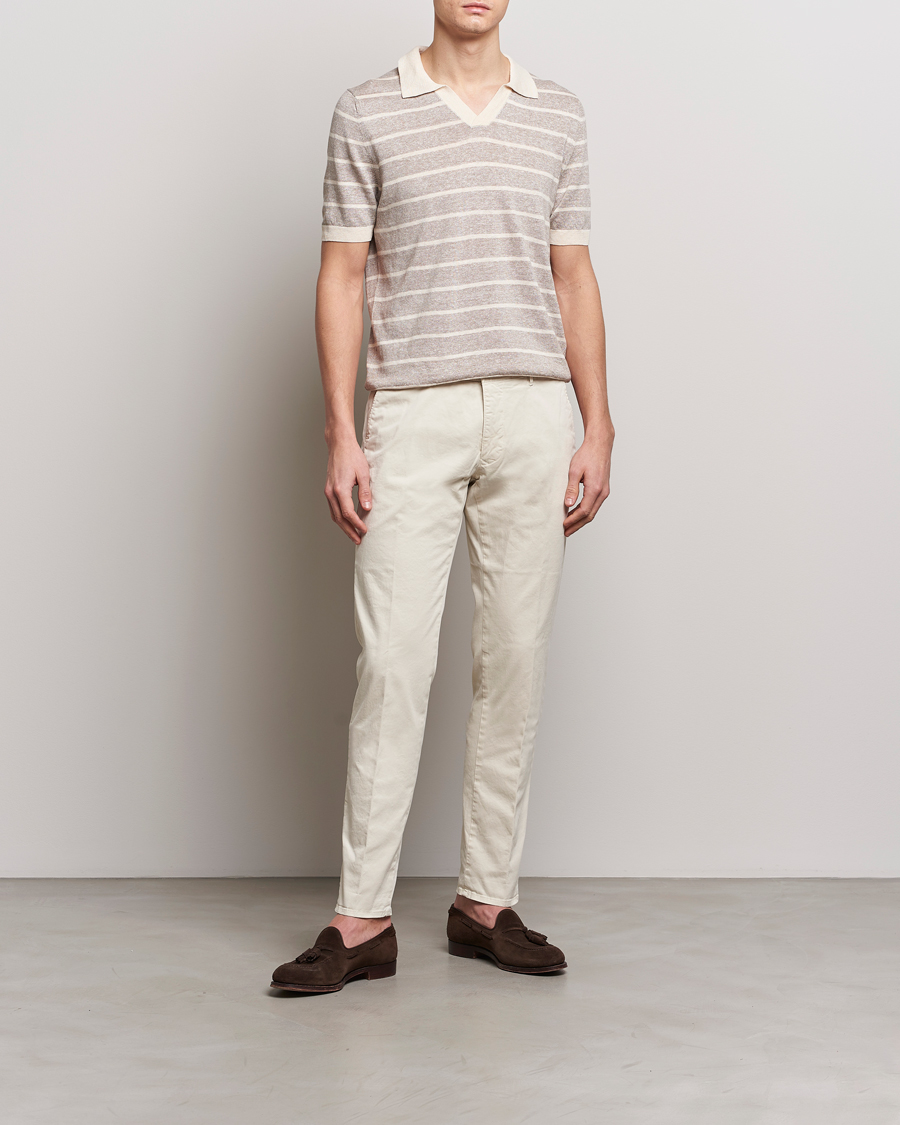 Mies | Pikeet | Gran Sasso | Linen/Cotton Knitted Striped Open Collar Polo Beige/Cream