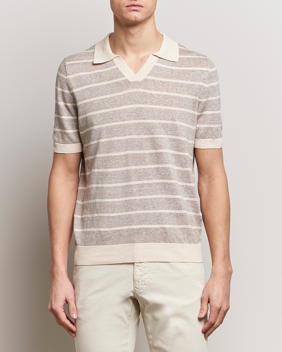 Mies | Pikeet | Gran Sasso | Linen/Cotton Knitted Striped Open Collar Polo Beige/Cream