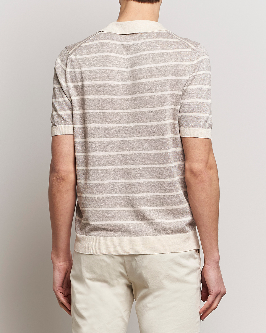 Mies | Pikeet | Gran Sasso | Linen/Cotton Knitted Striped Open Collar Polo Beige/Cream