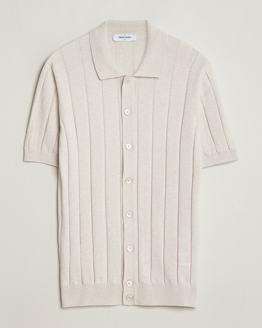 Mies | Kauluspaidat | Gran Sasso | Cotton Ribbed Knitted Resort Shirt Light Beige