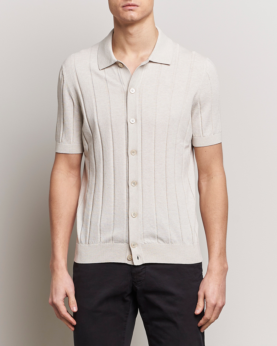 Mies | Kauluspaidat | Gran Sasso | Cotton Ribbed Knitted Resort Shirt Light Beige