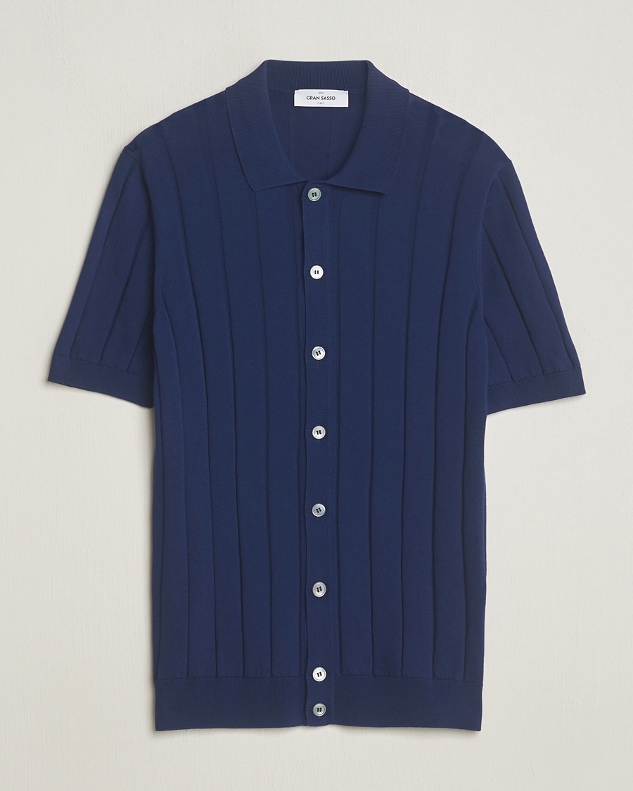 Mies | Kauluspaidat | Gran Sasso | Cotton Structured Knitted Short Sleeve Shirt Light Navy