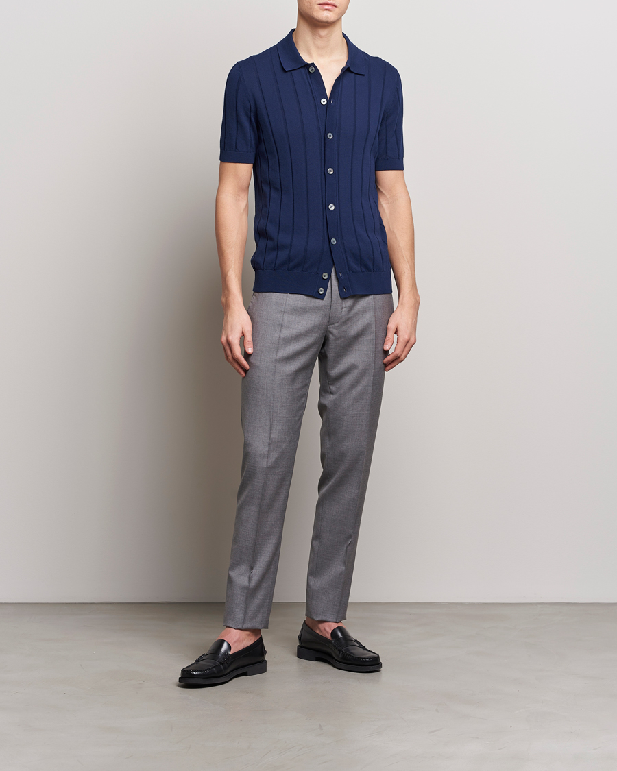 Mies | Kauluspaidat | Gran Sasso | Cotton Structured Knitted Short Sleeve Shirt Light Navy