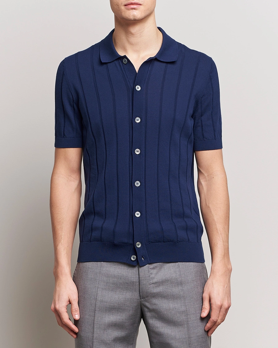 Mies | Italian Department | Gran Sasso | Cotton Structured Knitted Short Sleeve Shirt Light Navy