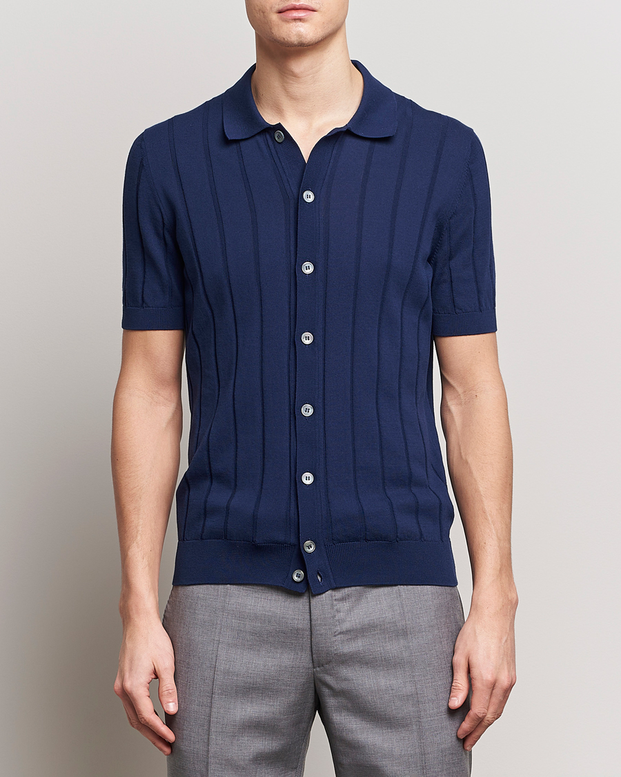 Mies | Kauluspaidat | Gran Sasso | Cotton Structured Knitted Short Sleeve Shirt Light Navy