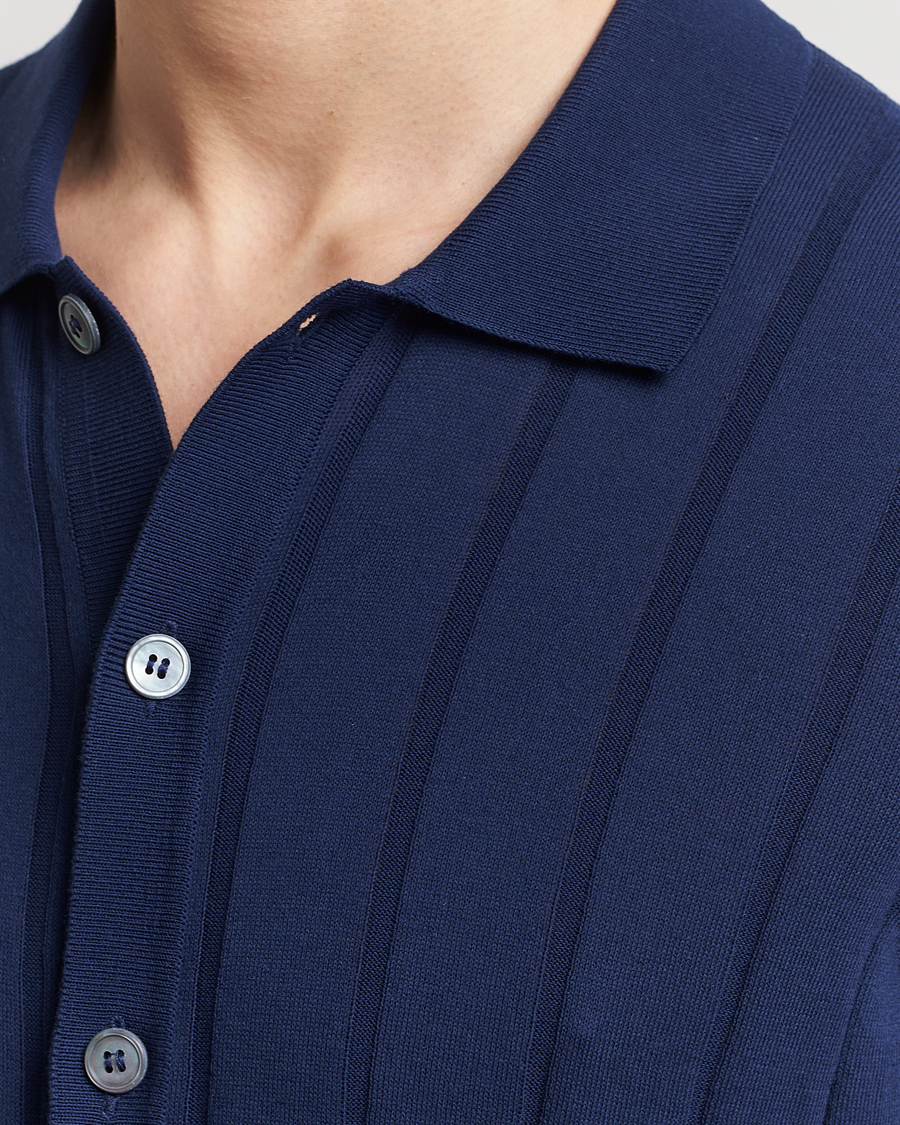 Mies | Kauluspaidat | Gran Sasso | Cotton Structured Knitted Short Sleeve Shirt Light Navy