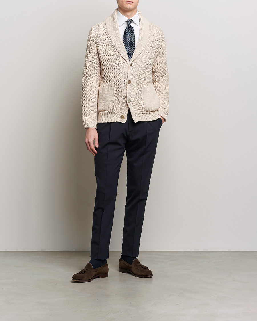 Mies | Puserot | Brioni | Cotton/Wool Shawl Cardigan Light Beige