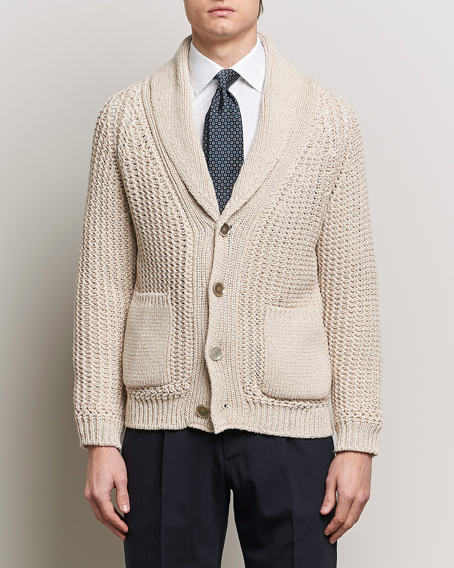 Mies | Puserot | Brioni | Cotton/Wool Shawl Cardigan Light Beige