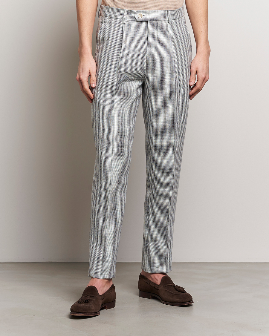 Mies | Pellavahousut | Brunello Cucinelli | Pleated Houndstooth Trousers Light Grey