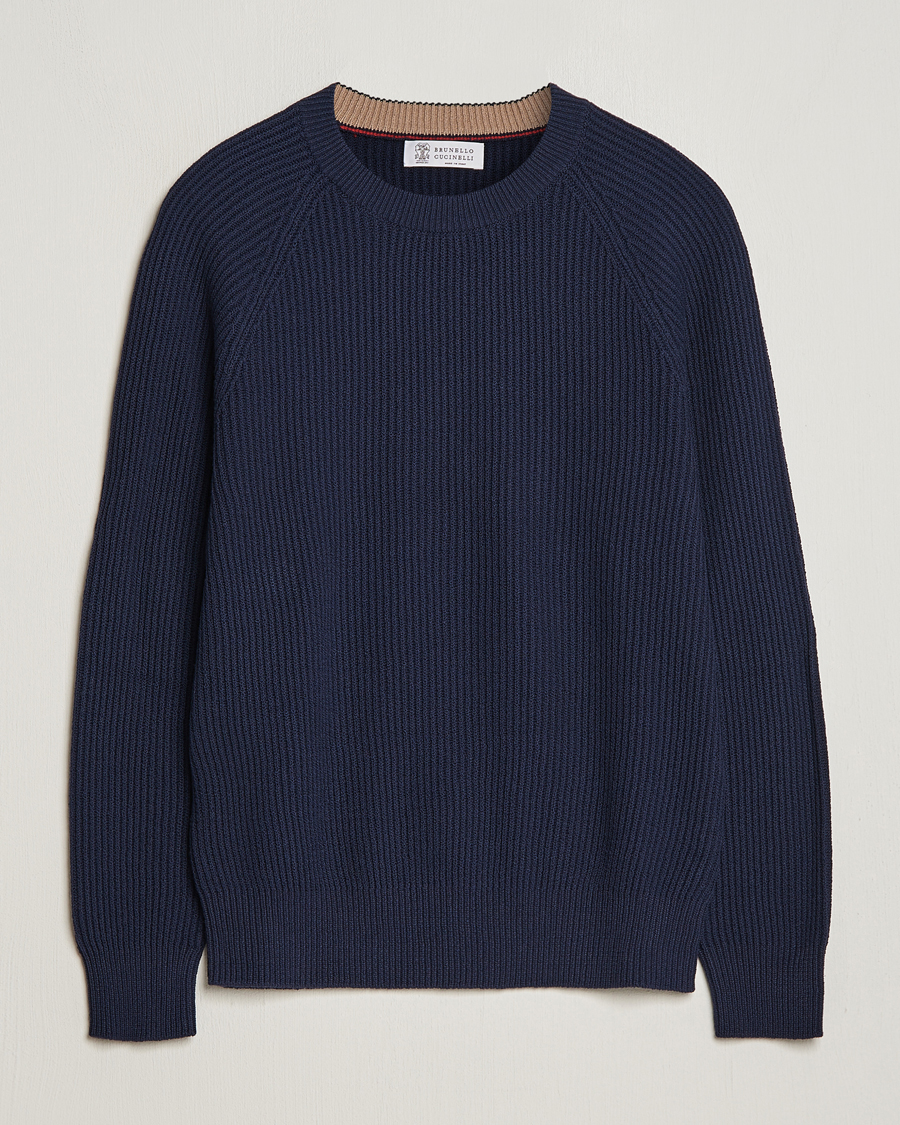 Mies | Puserot | Brunello Cucinelli | Heavy Rib Stitch Crew Neck Navy