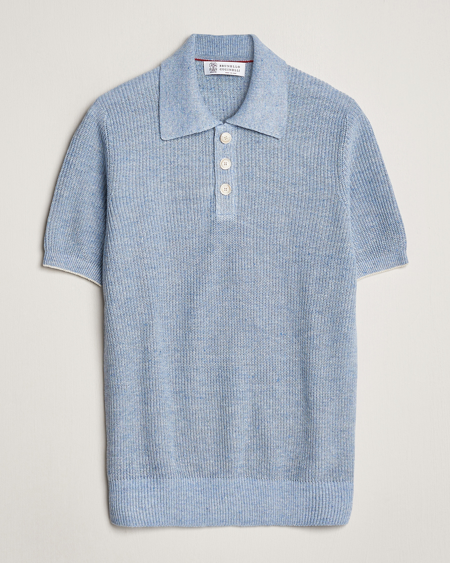 Mies | Pikeet | Brunello Cucinelli | Cotton/Linen Rib Knitted Polo Light Blue