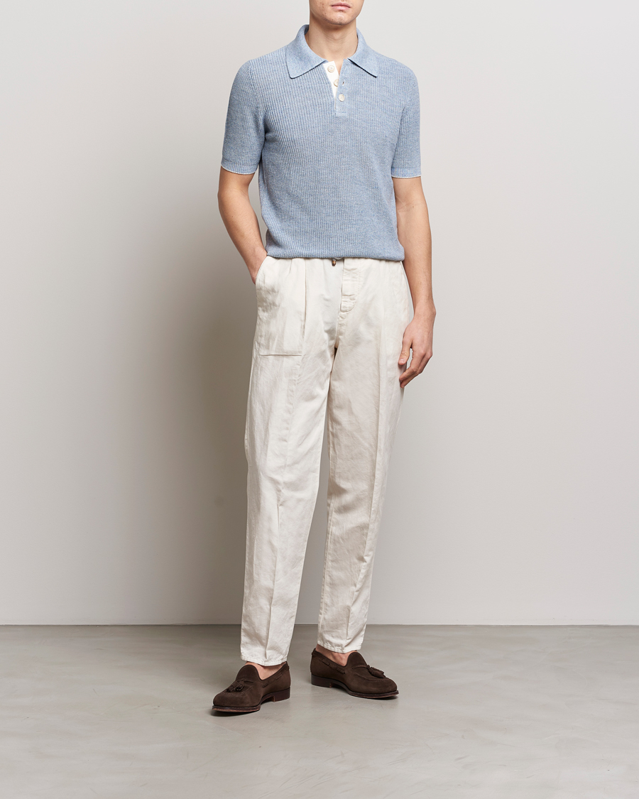 Mies | Pikeet | Brunello Cucinelli | Cotton/Linen Rib Knitted Polo Light Blue