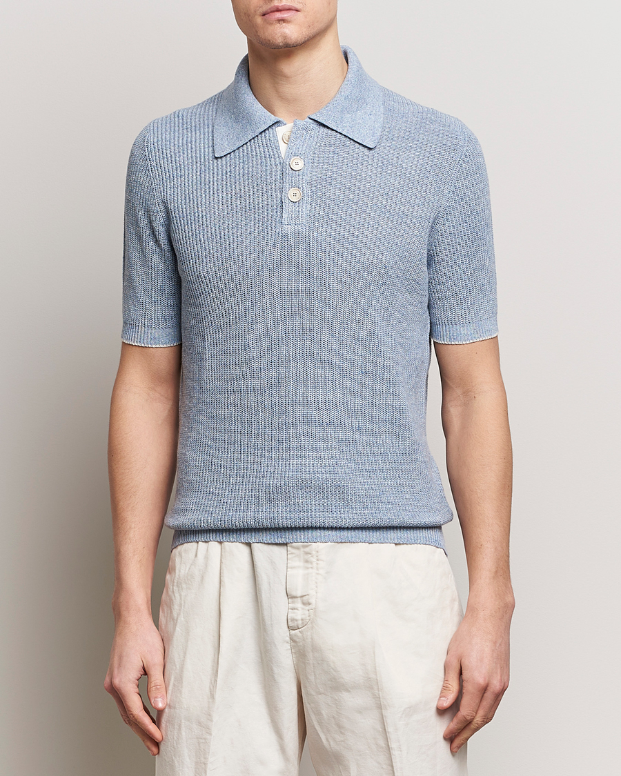 Mies | Pikeet | Brunello Cucinelli | Cotton/Linen Rib Knitted Polo Light Blue