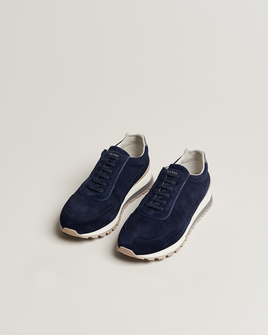 Mies | Tennarit | Brunello Cucinelli | Perforated Running Sneakers Navy Suede