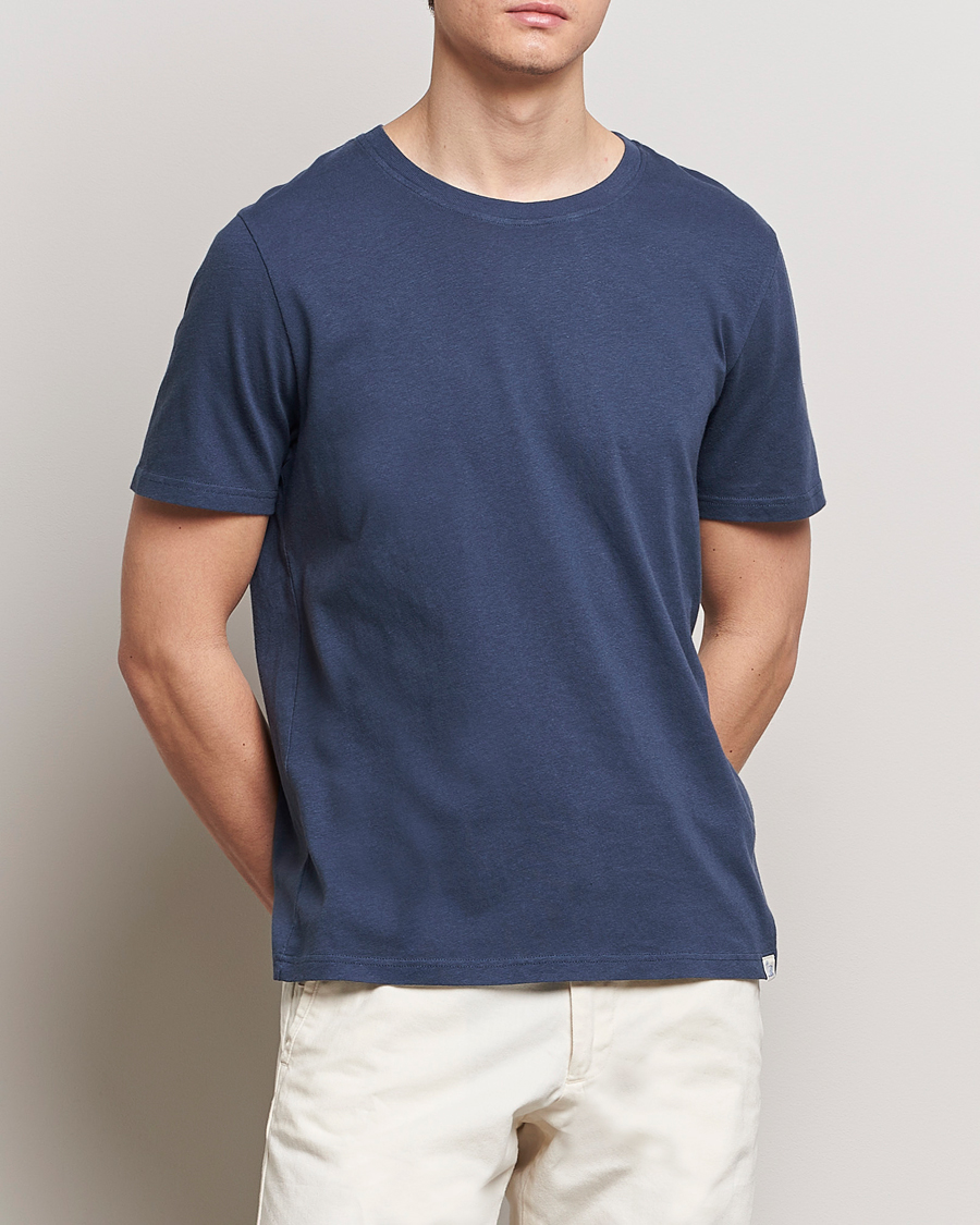 Mies |  | Merz b. Schwanen | Organic Cotton Washed Crew Neck T-Shirt Denim Blue
