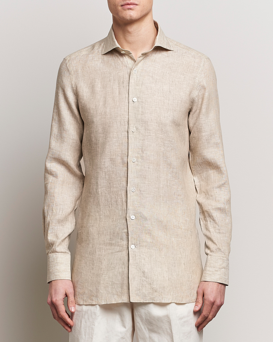 Mies | Rennot | 100Hands | Striped Linen Shirt Brown