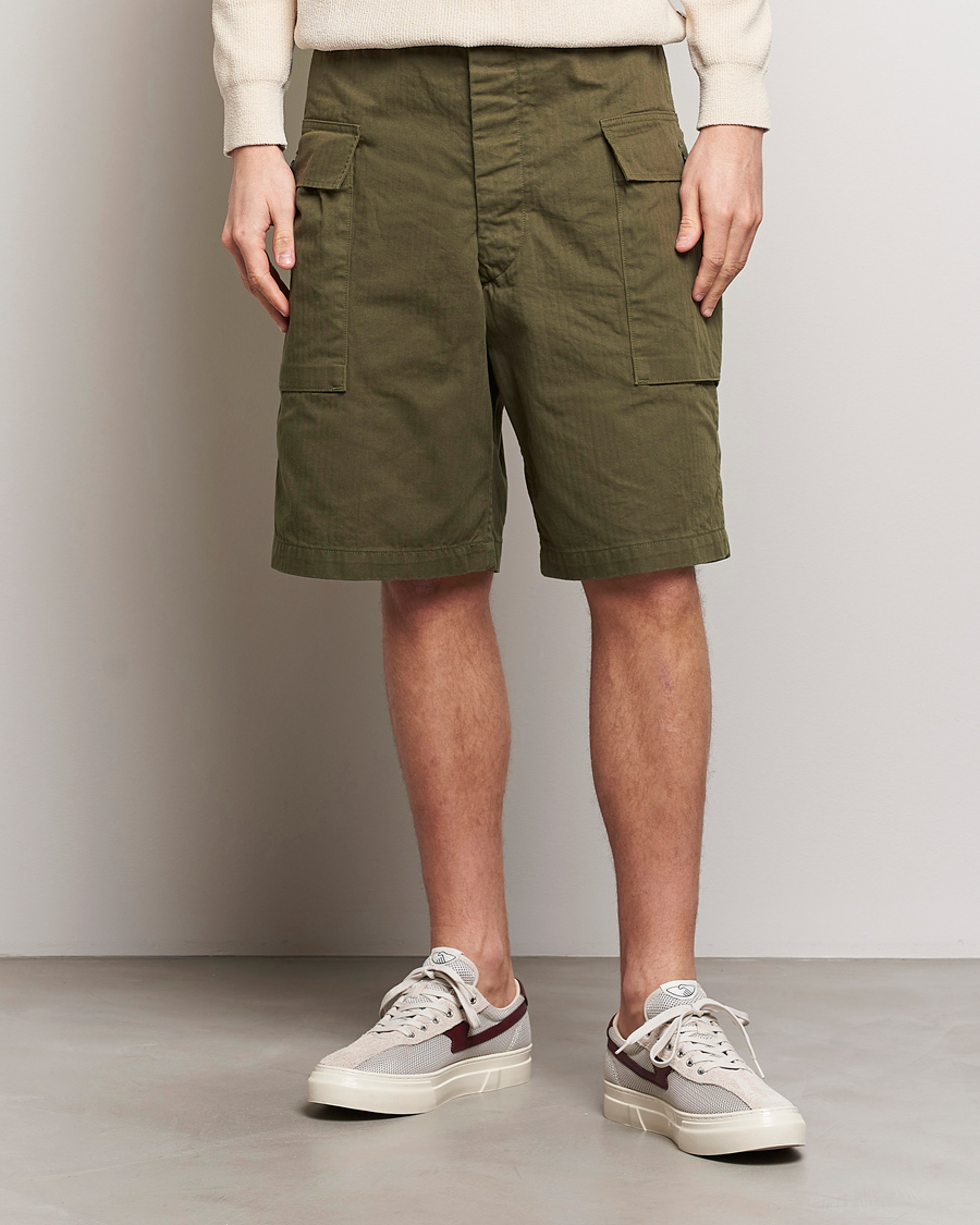 Mies | Japanese Department | orSlow | Herringbone Cotton Cargo Short Army Green