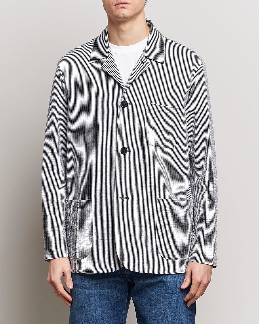 Mies | Pikkutakit | Harris Wharf London | Coolmax Striped Seersucker Drop Shoulder Blazer Blue/Cream