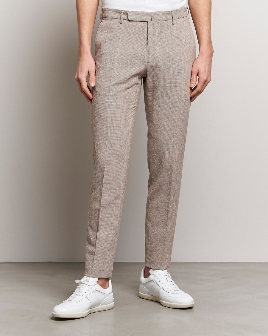 Mies | Pellavahousut | Incotex | Slim Fit Cotton/Linen Micro Houndstooth Trousers Beige