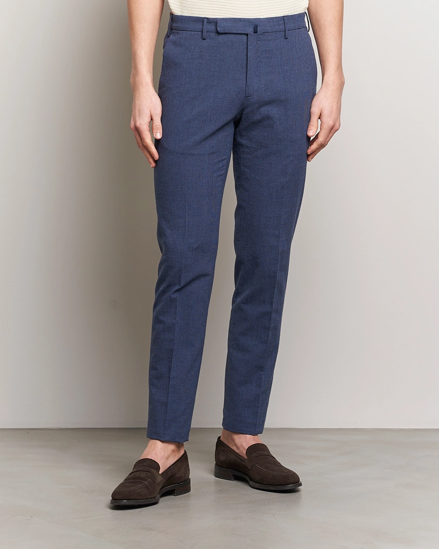 Mies | Slowear | Incotex | Slim Fit Cotton/Linen Micro Houndstooth Trousers Dark Blue