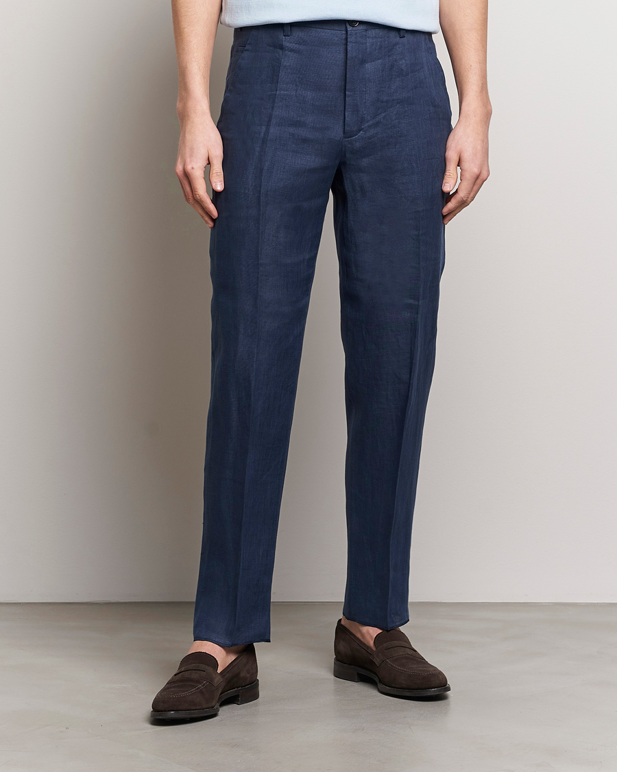 Mies | Vaatteet | Incotex | Straight Fit Pure Linen Trousers Navy