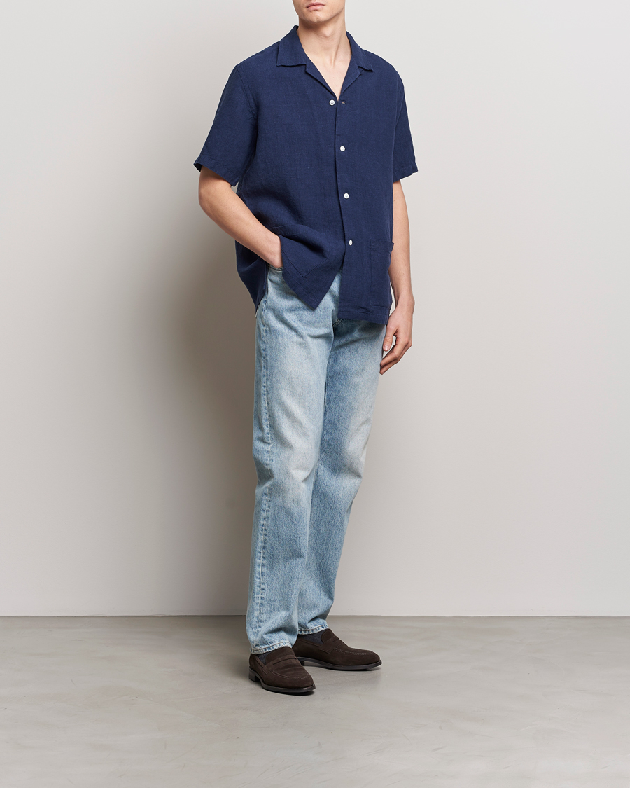 Mies | Kauluspaidat | Kamakura Shirts | Heavy Linen Beach Shirt Navy