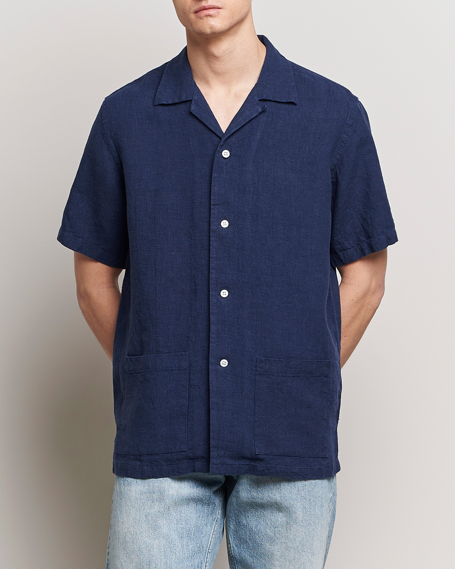 Mies | Kauluspaidat | Kamakura Shirts | Heavy Linen Beach Shirt Navy