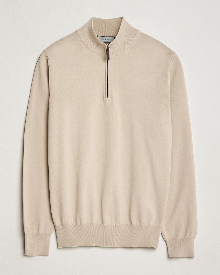 Mies | Puserot | Canali | Cotton Half Zip Sweater Beige