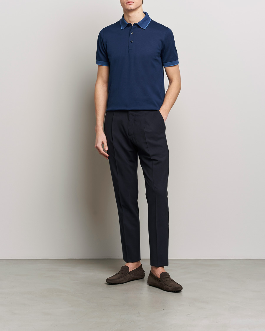 Mies | Pikeet | Canali | Contrast Collar Short Sleeve Polo Dark Blue