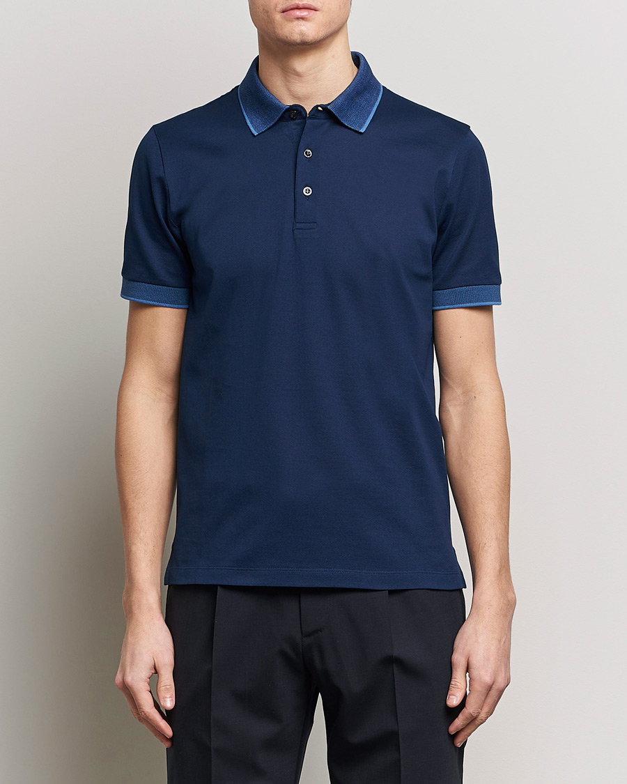 Mies | Pikeet | Canali | Contrast Collar Short Sleeve Polo Dark Blue