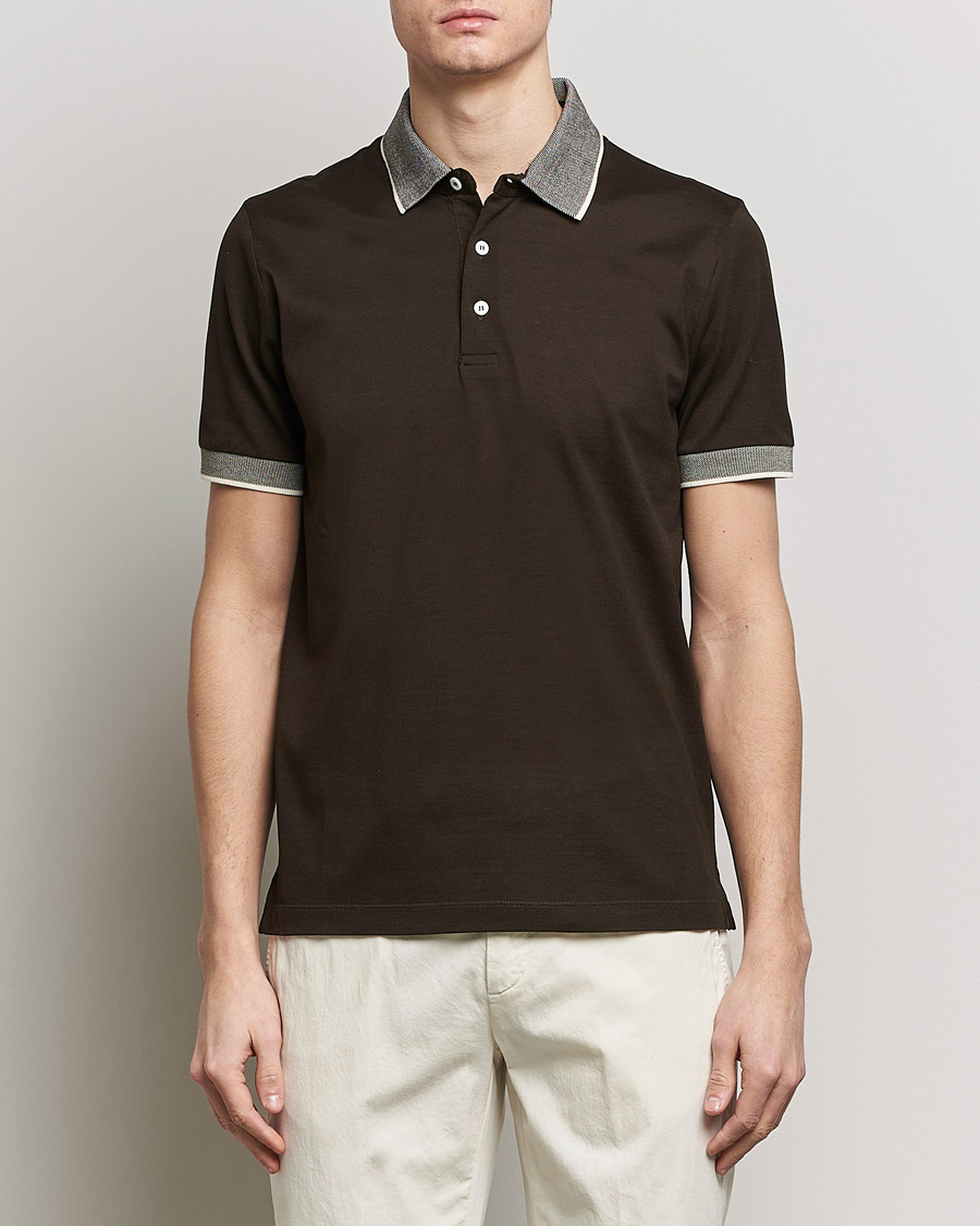 Mies |  | Canali | Contrast Collar Short Sleeve Polo Dark Brown