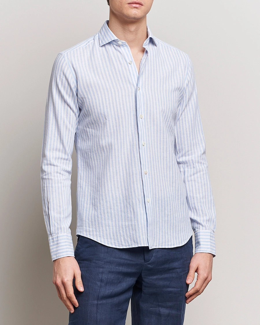Mies | Kauluspaidat | Grigio | Washed Linen Shirt Light Blue Stripe