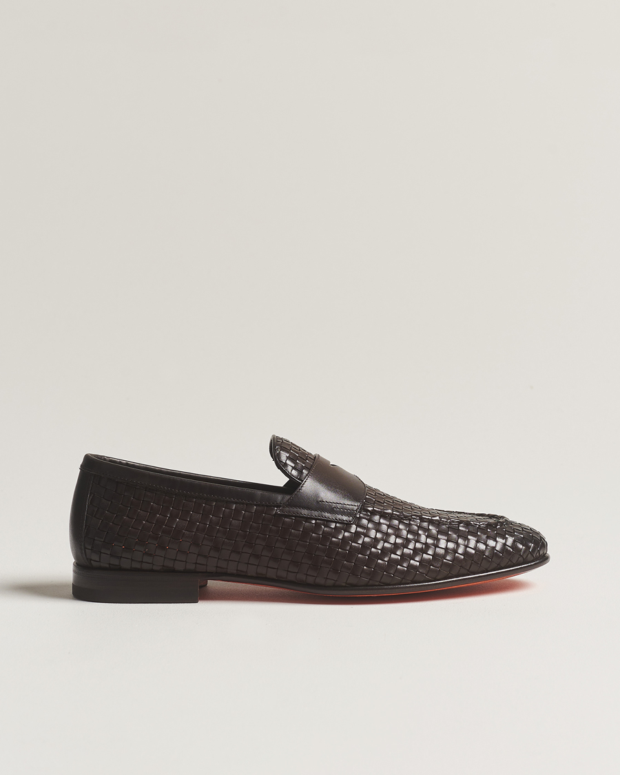 Mies | Santoni Braided Penny Loafers Dark Brown Calf | Santoni | Braided Penny Loafers Dark Brown Calf