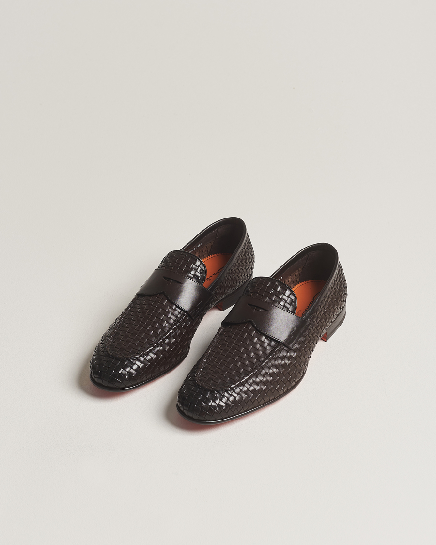 Mies | Santoni Braided Penny Loafers Dark Brown Calf | Santoni | Braided Penny Loafers Dark Brown Calf