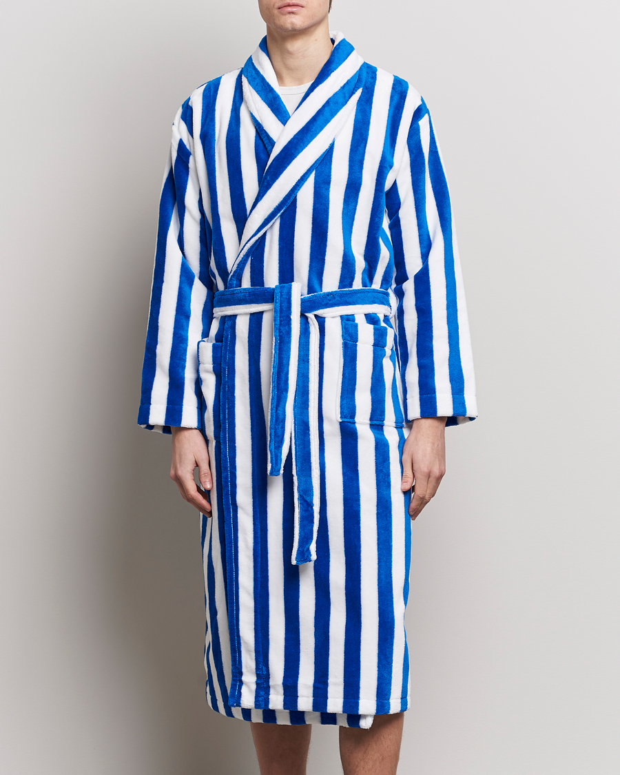 Herre | Morgenkåber | Derek Rose | Cotton Velour Striped Gown Blue/White