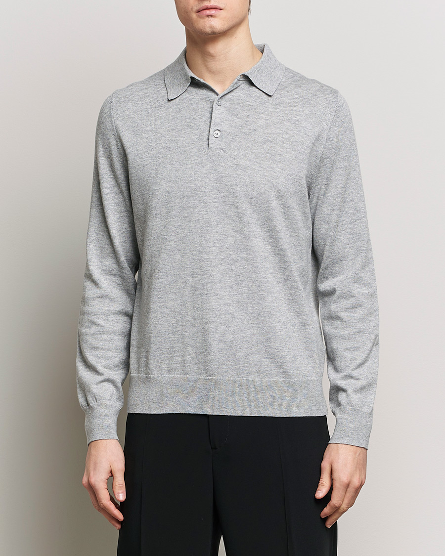 Mies | Puserot | Filippa K | Knitted Polo Shirt Light Grey Melange