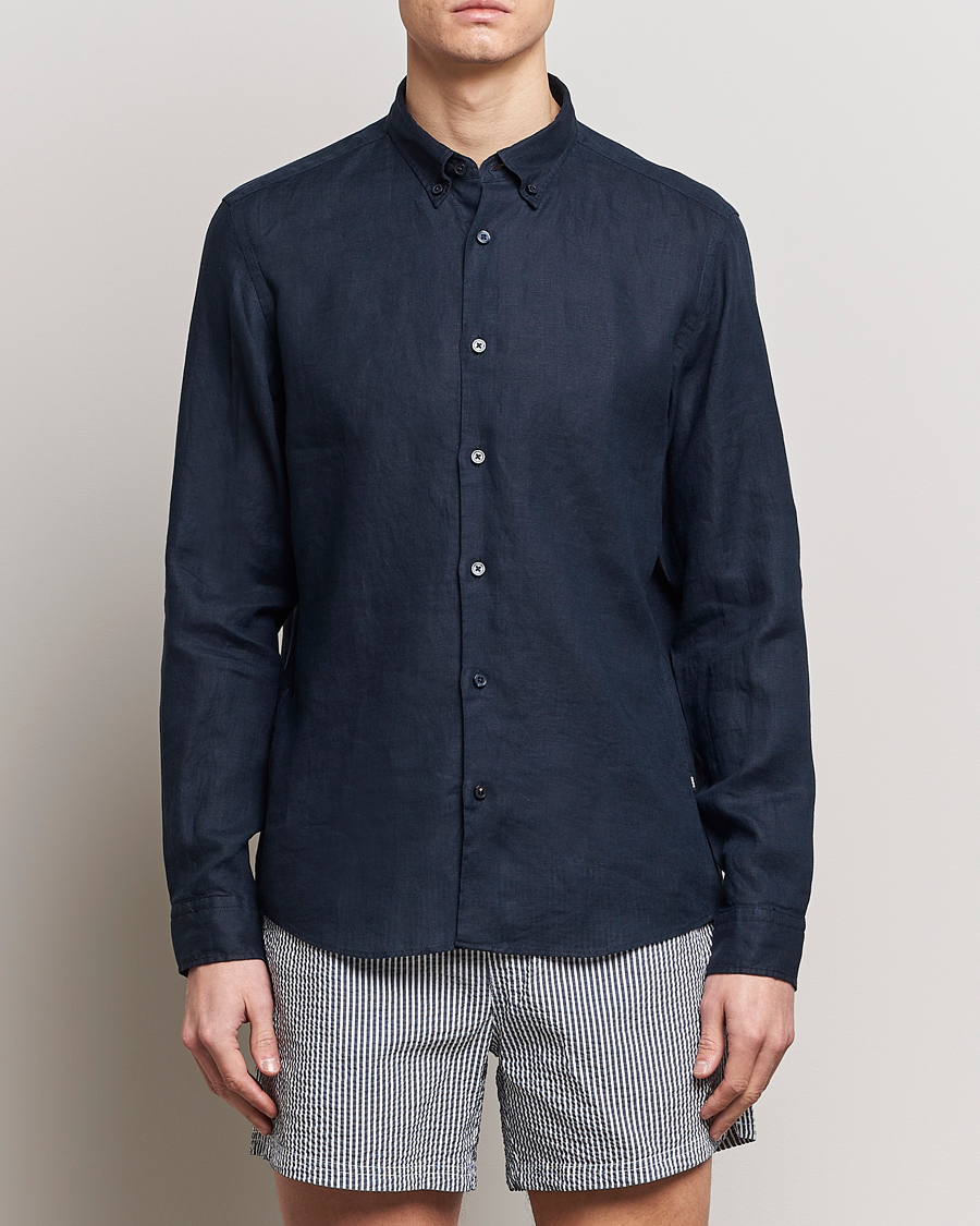 Mies | Kauluspaidat | BOSS BLACK | Liam Linen Shirt Dark Blue