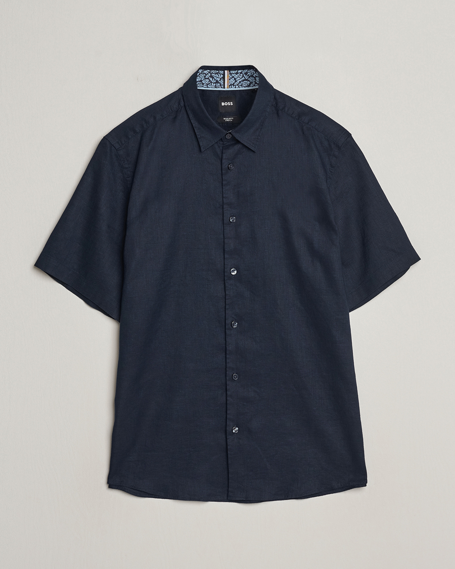 Mies | Kauluspaidat | BOSS BLACK | Liam Short Sleeve Linen Shirt Dark Blue