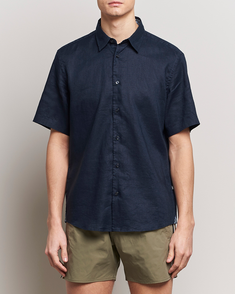Mies | Kauluspaidat | BOSS BLACK | Liam Short Sleeve Linen Shirt Dark Blue