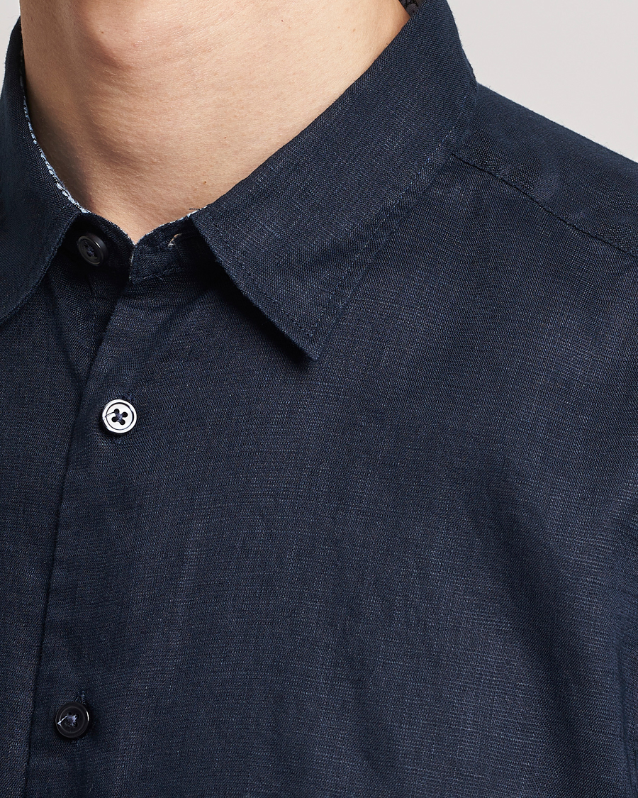 Mies | Kauluspaidat | BOSS BLACK | Liam Short Sleeve Linen Shirt Dark Blue