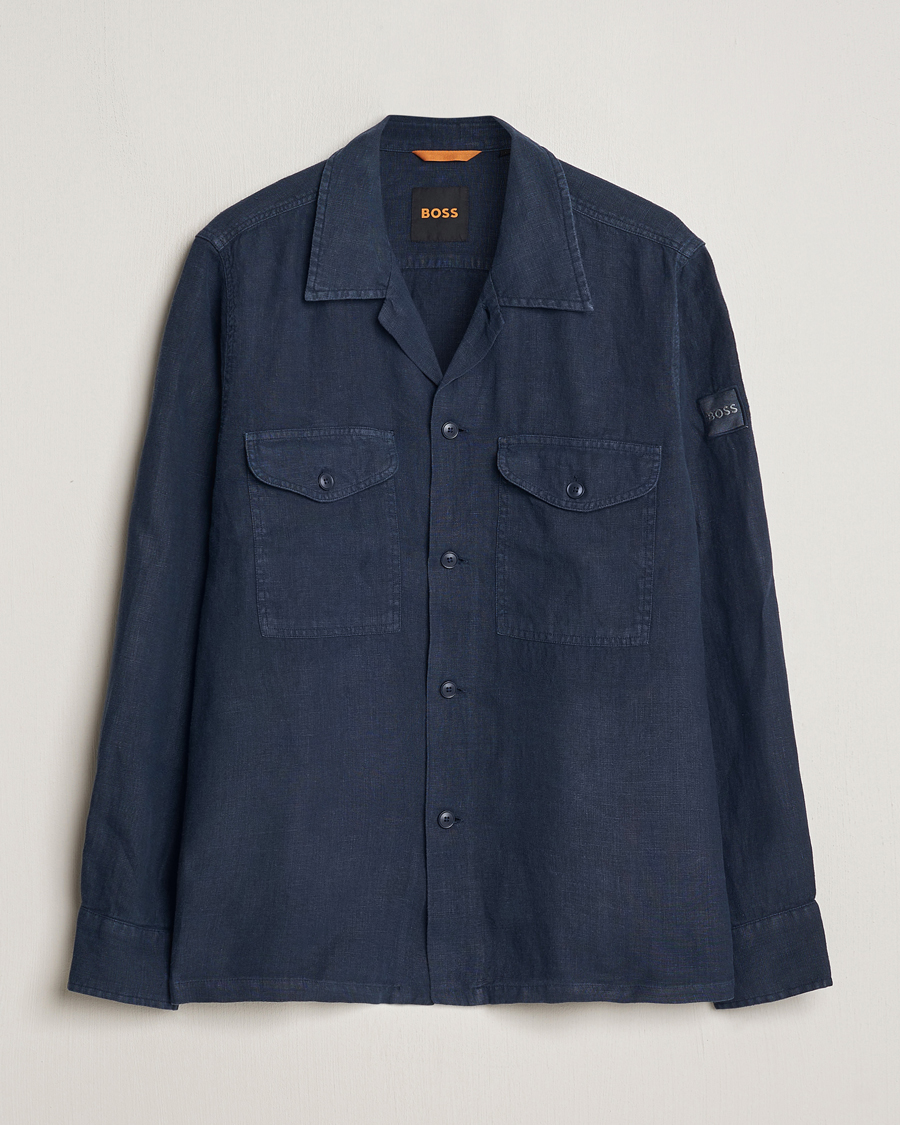 Mies | Kauluspaidat | BOSS ORANGE | Lovel Linen Overshirt Dark Blue