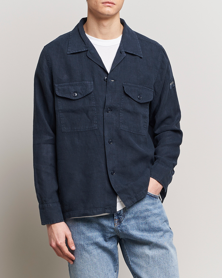 Mies | Kauluspaidat | BOSS ORANGE | Lovel Linen Overshirt Dark Blue