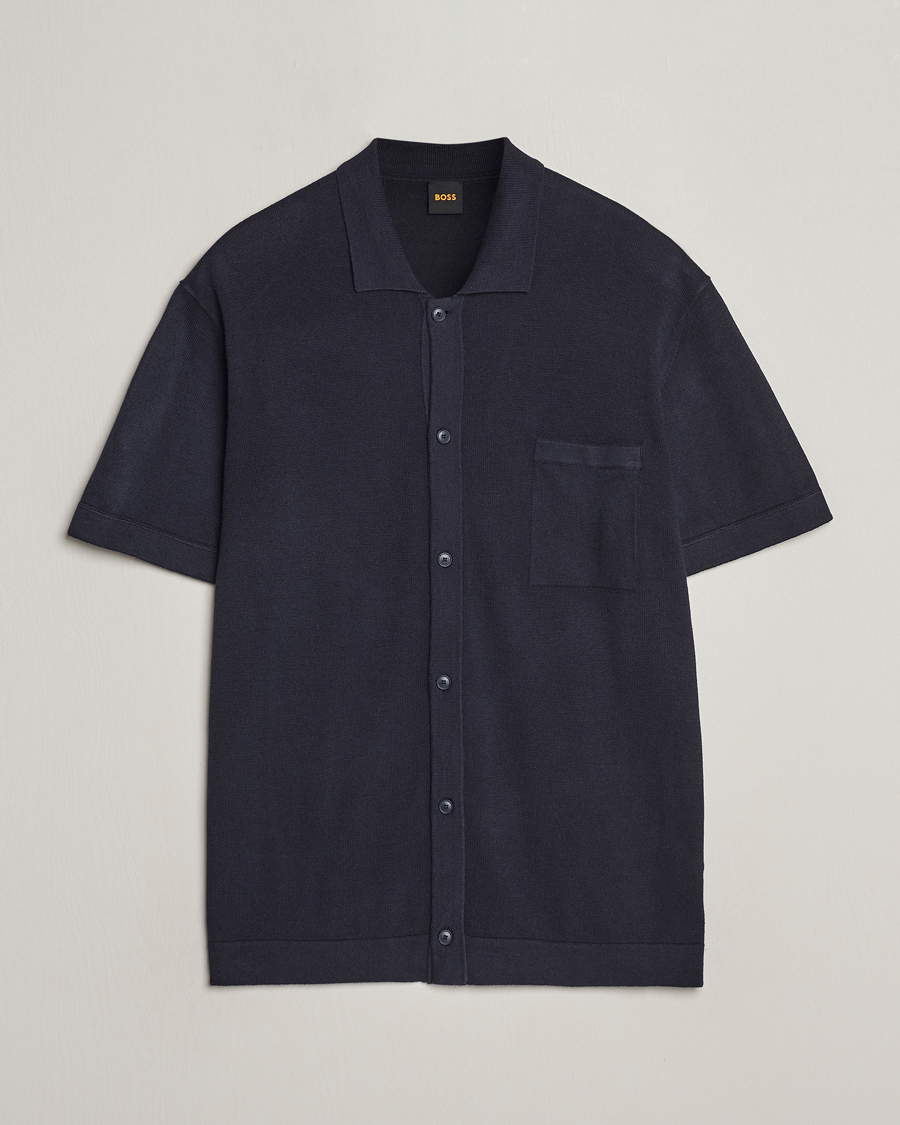 Mies | Kauluspaidat | BOSS ORANGE | Kamiccio Knitted Short Sleeve Shirt Dark Blue